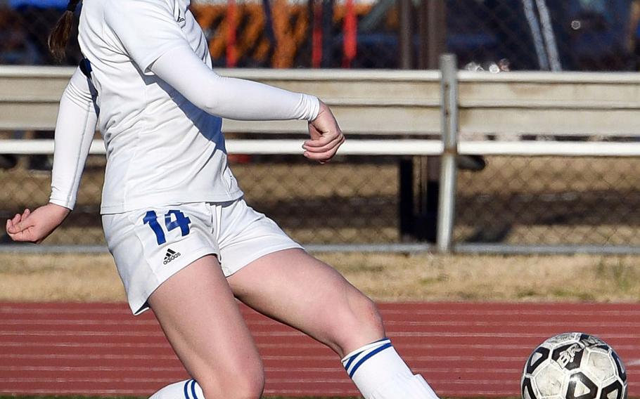 Yokota junior Caleigh Garcia launches goal No. 9 on the season during Friday's 7-1 Panthers victory over Matthew C. Perry. She scored her 10th goal in Saturday's 5-0 shutout of the Samurai, making her one of three players in the Pacific with at least 10 goals in the first four games on the season.