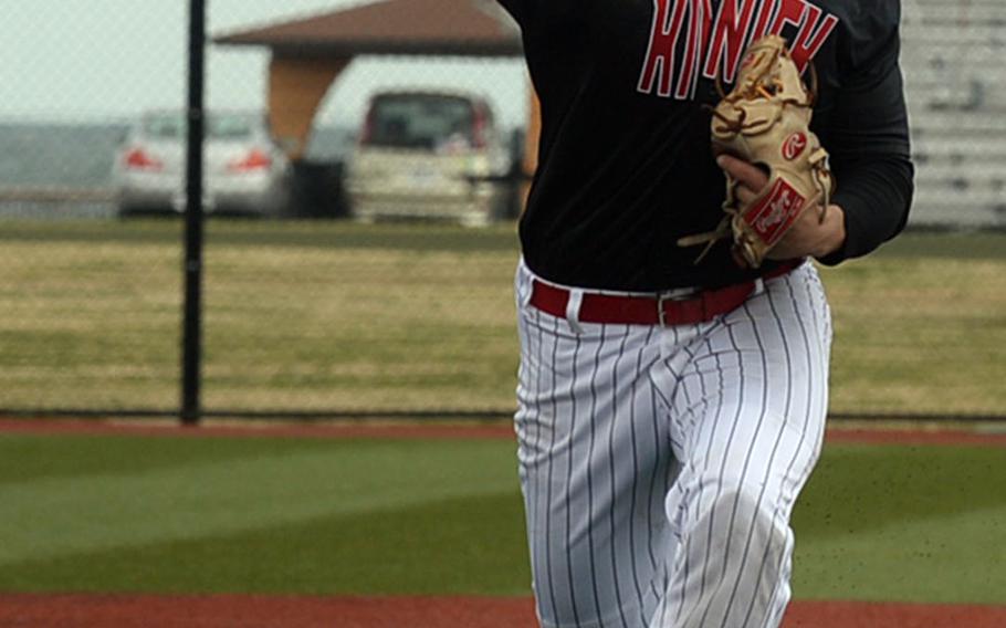 Nile C. Kinnick's Jonathan Acosta got the win with five innings of relief and the Red Devils scored five times in the bottom of the sixth inning to beat Matthew C. Perry 12-7 in Saturday's DODEA-Japan baseball game.