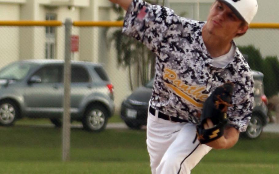 Kadena senior Cody Sego delivers against Kubasaki during Wednesday's Okinawa baseball game, won by the Panthers 11-4.