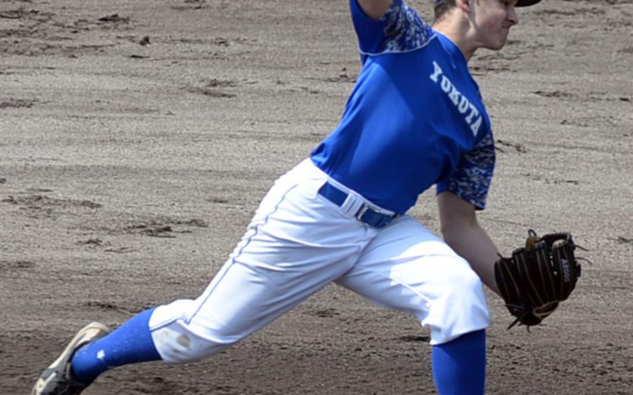 Yokota senior right-hander Sean Caffrey delivers against Matthew C. Perry during Saturday's DODEA-Japan baseball game. The Panthers routed the defending Far East Division II Tournament champion Samurai 16-0.