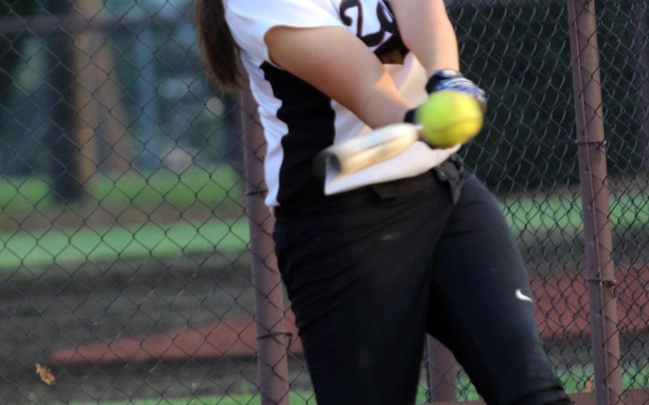 Zama American's Jessica Atkinson connects for a two-run home run in a losing cause as the Trojans lost Friday's DODEA Japan softball game 11-8 to Matthew C. Perry.