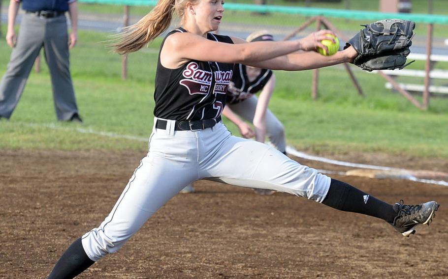 Matthew C. Perry's Hailey Greulich delivers against Robert D. Edgren during Thursday's pool-play game in the DODEA-Japan softball tournament. The Eagles beat Greulich's Samurai 6-2.