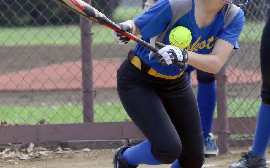 Yokota's Annalise Rodriguez tries to bunt her way on against Robert D. Edgren during Saturday's DODEA-Japan softball tournament final. The Eagles rallied to beat the Panthers 13-12.
