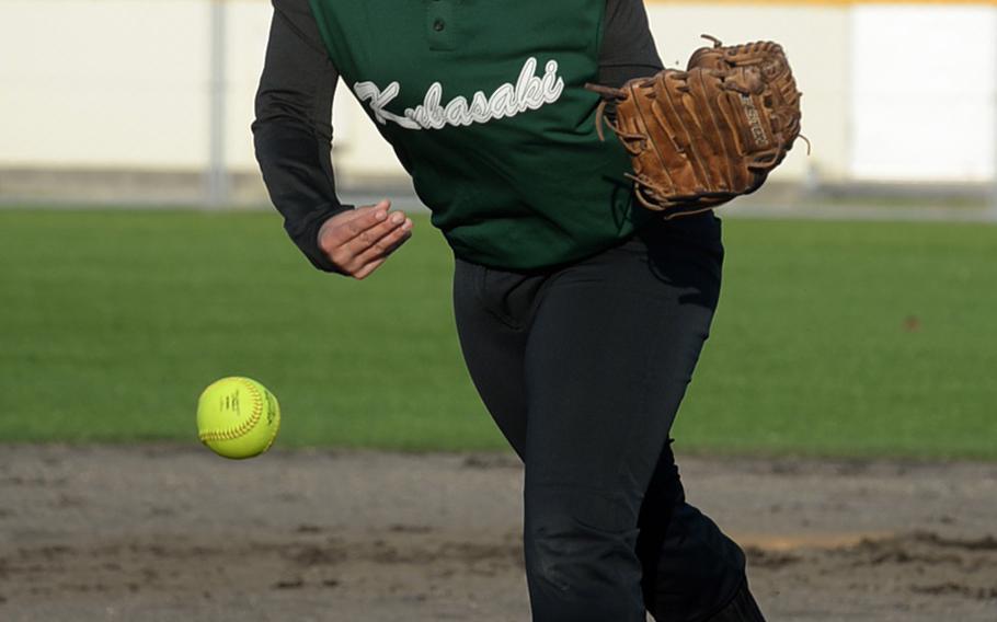 Olivia Witherow pitched Kubasaki to a 15-4 triumph Friday in Game 1 of the best-of-three Okinawa district softball finals. The Dragons swept the series 2-0, winning Game 2 15-11 and becoming the first Kubasaki team in school history to win both the regular season and district finals in the same year.