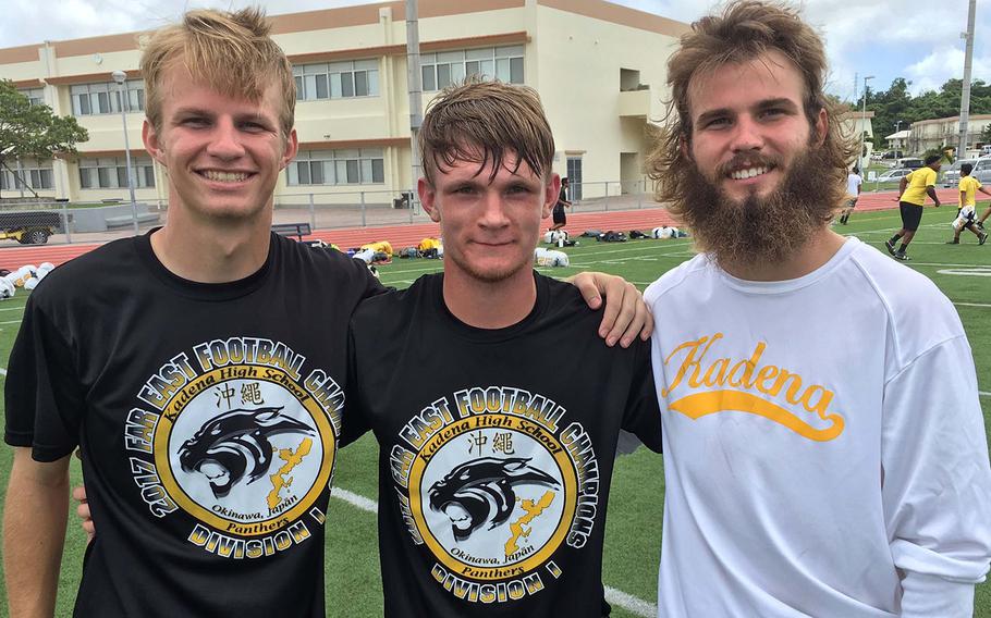 New Kadena quarterback Wyatt Knopp, center, will have two former Panthers stars, Cody Sego, the player Knopp succeeds, and older brother Justin Sego to mentor him in the early weeks of the season.