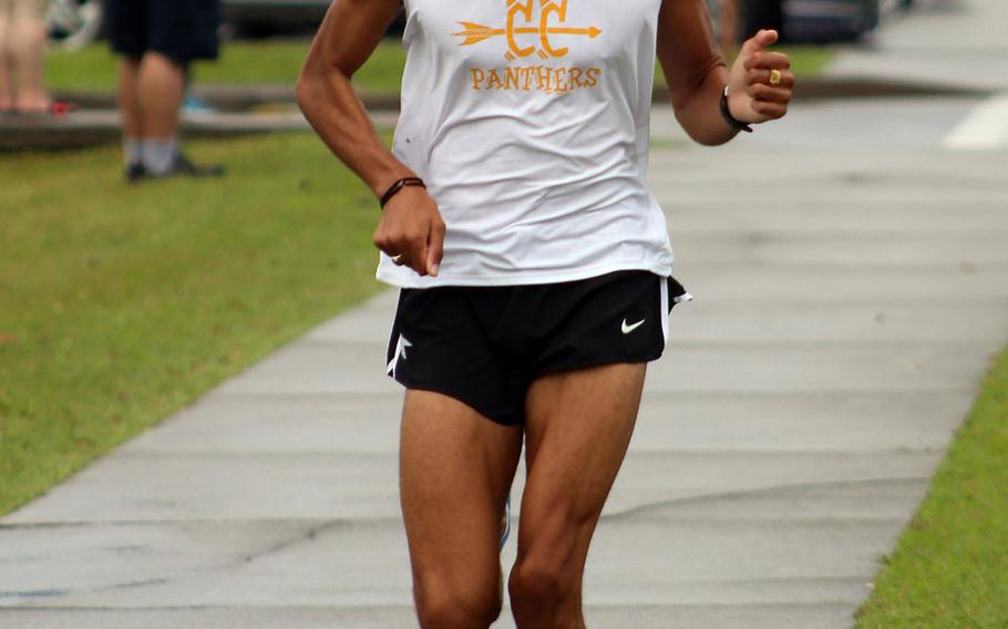 Kadena's Trevor Williams approaches the finish of Thursday's Okinawa cross-country race at Camp Foster. Williams was timed in 16 minutes, 19 seconds -- the fastest in the Pacific among DODEA and international schools this season.