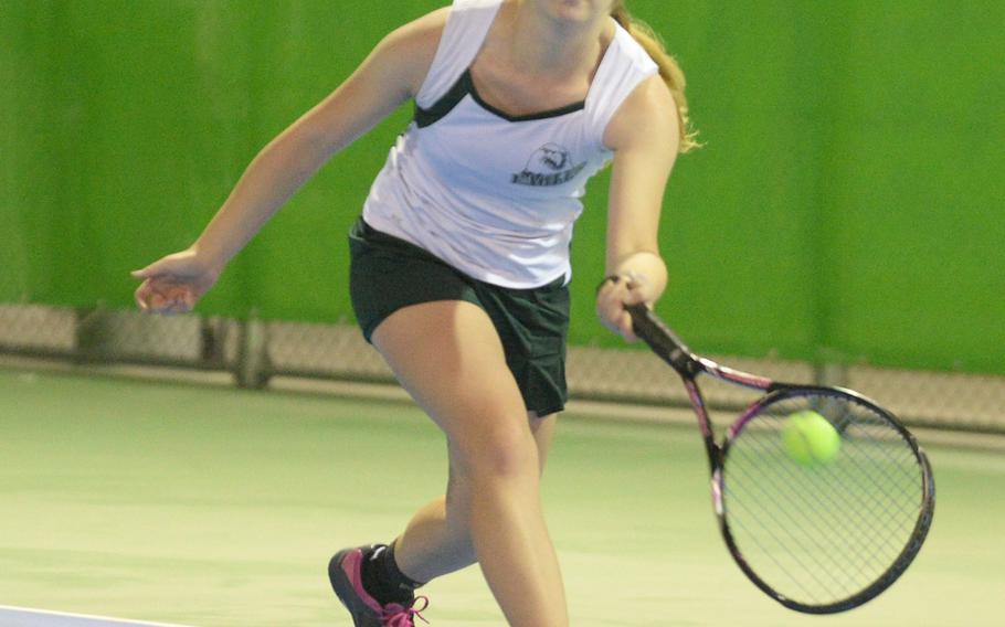 Robert D. Edgren's Jenna Mahoney lunges for a forehand return against Sarah Saiki of Matthew C. Perry, a match Mahoney won 8-2 in Friday's girls singles A play in the DODEA-Japan tennis tournament.