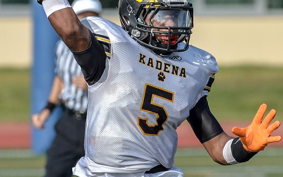 Kadena quarterback Eric McCarter was 17-for-19 for 411 yards and five touchdowns, the latter two figures Panther records. He also had an interception on defense.