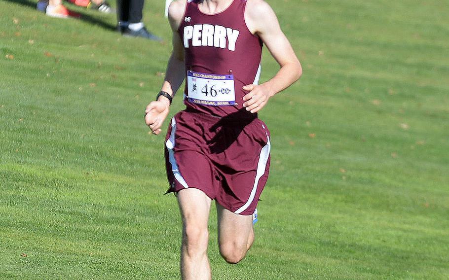Junior Owen Young of Matthew C. Perry pounds for the finish line of Monday's Far East boys Division II race.