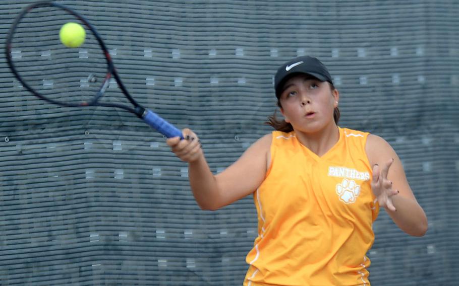 Kadena's Lisa Dombrowski launches a forehand return during Wednesday's girls singles play in the Far East tennis tournament. Dombrowski beat Yokota's Jessica Vernon 8-2 and Seoul American's Hana Ro 8-5 to reach the quarterfinals.