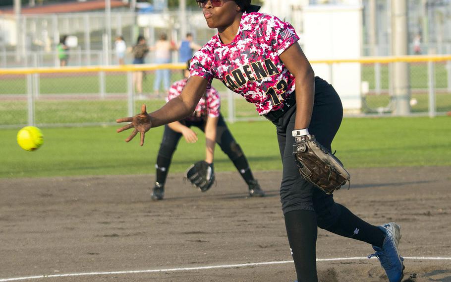 Kadena's Tavia Huggins delivers against Kubasaki during Thursday's Okinawa softball game. Huggins was touched for 16 earned runs on 10 hits and 11 walks as the Dragons won the regular-season opener 18-4.