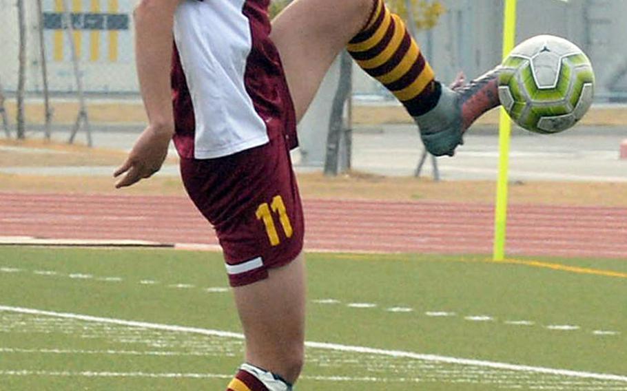 Matthew C. Perry's Matthew Torrecillas tries to settle the ball against Robert D. Edgren during Friday's Perry Cup boys soccer match at Marine Corps Air Station Iwakuni, Japan. The Samurai won 5-0. Perry went on to qualify for Saturday's fifth-place match; the Eagles play Saturday for ninth place.