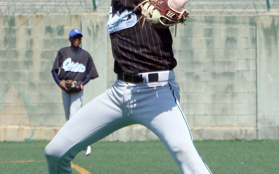 Osan's Carson Nugent delivers Saturday against Seoul American. Nugent survived nine walks and struck out six as the Cougars outlasted the Falcons 10-7.