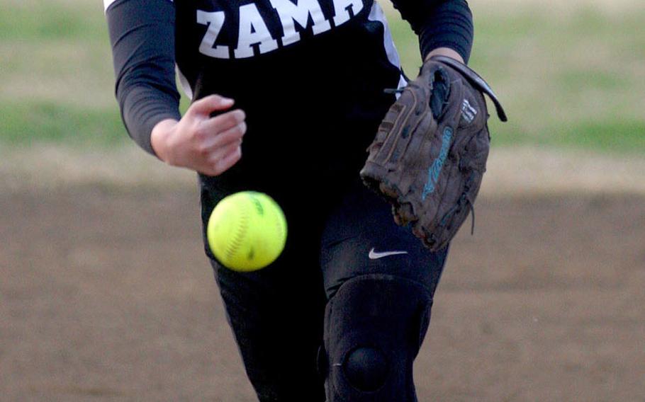 Zama's Molly Ledbetter delivers against Yokota during Tuesday's Japan softball game, won by the Panthers 15-2.