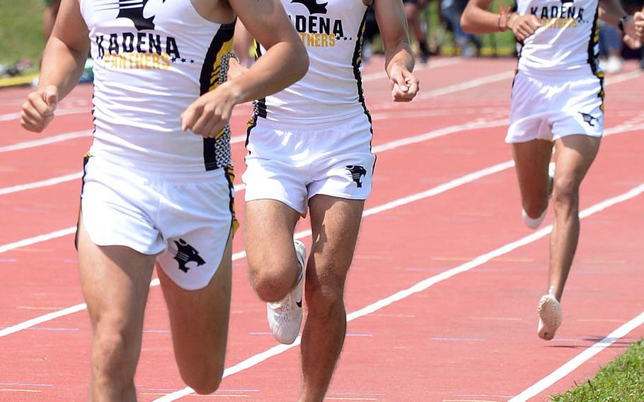 Kadena seniors Hayden Bills, Guy Renquist and Trevor Williams lead the Panthers to a 1-2-3 finish in Saturday's 800-meter race. the threesome also went 1-2-3 in the 1,600 and 3,200.
