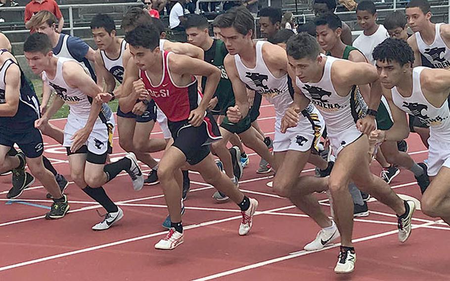 The boys field charges off the start line at the beginning of the 1,600 during Saturday's Mike Petty Meet.