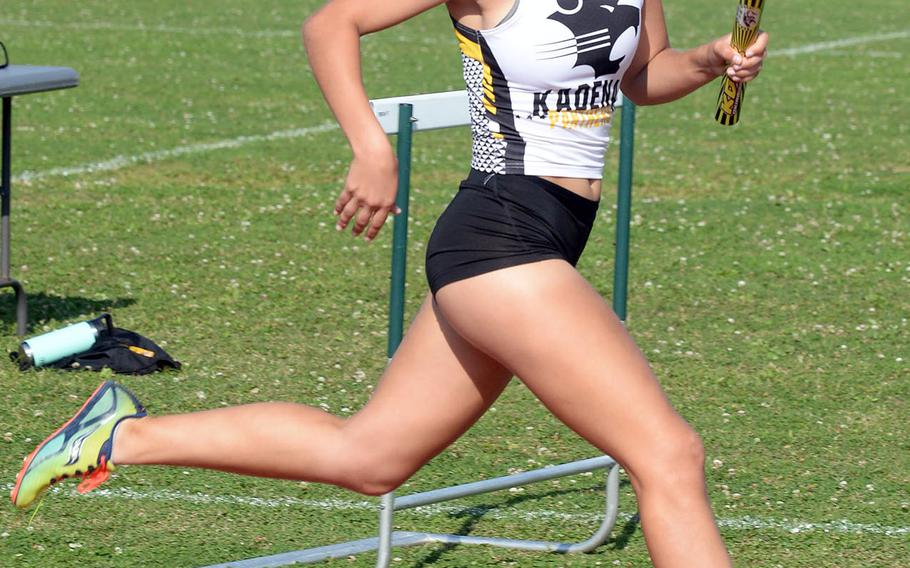 Kadena sophomore Madilyn Tsirlis heads down the home stretch of the 1,600 relay, which the Panthers won with a time of 4 minutes, 32.07 seconds.