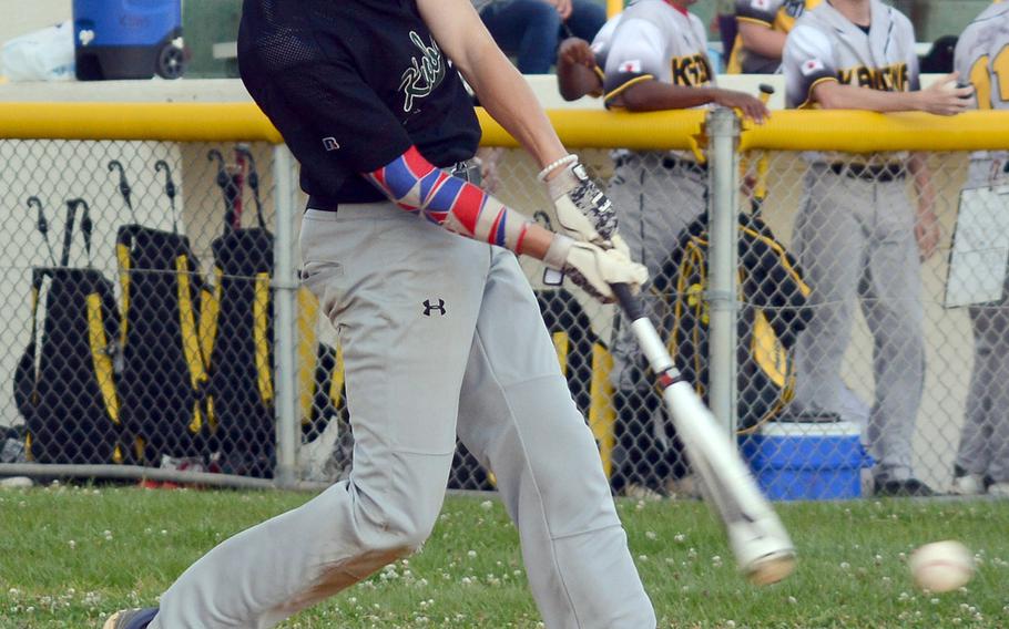 Kubasaki's Max Weidley takes his cuts against Kadena during Wednesday's Okinawa baseball game. Weidley went 1-for-2 and the Dragons shut out the Panthers 7-0 to take a 2-1 season-series lead.