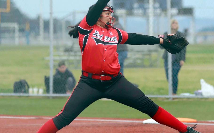 Tori Osterbrink is the second pitcher in her family to suit up for Nile C. Kinnick. Kelly, Class of 2014, pitched the Red Devils to the 2013 Far East Division I Tournament title.
