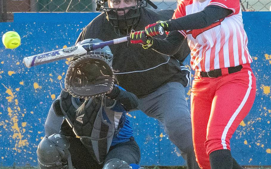 Skylar Hensen-Drumm is one of a handful of transfers on Nile C. Kinnick's softball team, which is chasing its second Division I title in three years.