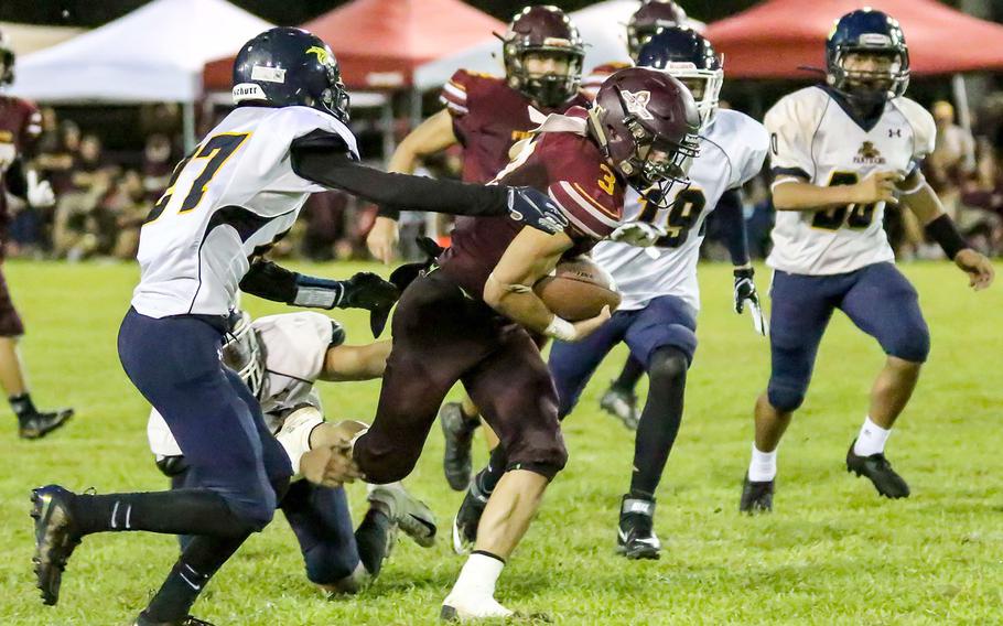 Try as they might, the Panthers could not stop Friars senior running back Kein Artero, who rushed 17 times for 244 yards and four touchdowns in three quarters. The league's leading rusher has 391 yards on 27 carries and nine touchdowns in Father Duenas' first two games.
