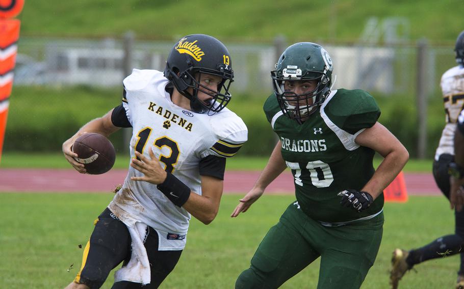 Jack Carey, quarterback for the Kadena Panthers, runs the ball during a game against the Kubasaki Dragons at Mike Petty Stadium on Camp Foster, Okinawa, Japan, Saturday, Sept. 7, 2019. 