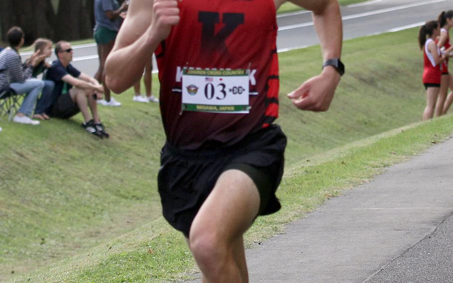 Nile C. Kinnick senior Hanokheliyahu Gailson crosses the finish line first in Saturday's Japan cross country race at Misawa Air Base in a time of 16 minutes, 30.85 seconds, by 35 seconds the fastest in the region this season.