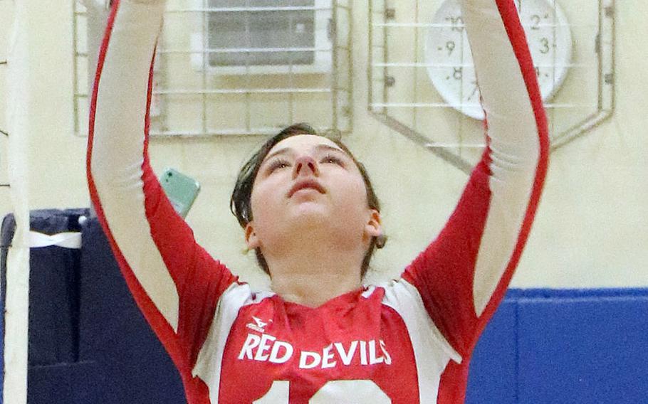 Nile C. Kinnick setter Charlize Uptegrove had 25 assists against Yokota during Tuesday's DODEA-Japan/Kanto Plain girls volleyball match, won by the Red Devils in straight sets.