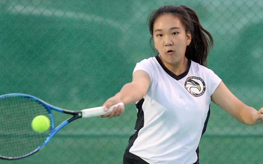 Humphreys' Toto Kang rips a forehand return during Thursday's Korea tennis matches. Kang and her partner Chelyn Park beat Chadwick's Jimin Lee and Alice Seo 8-5.