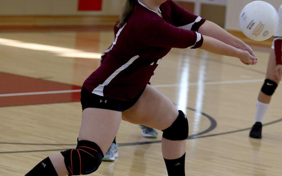 Matthew C. Perry's Allison Link bumps the ball during Saturday's DODEA-Japan girls volleyball match against Nile C. Kinnick. The Red Devils won in three sets.