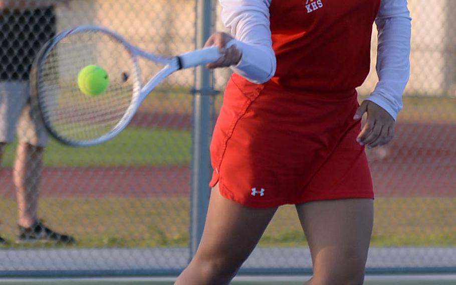 Nile C. Kinnick's Amary-Gail Perfecto slaps a forehand return during Friday's DODEA-Japan tennis tournament semifinals. Perfecto beat Robert D. Edgren's Elizabeth Rice 8-5.