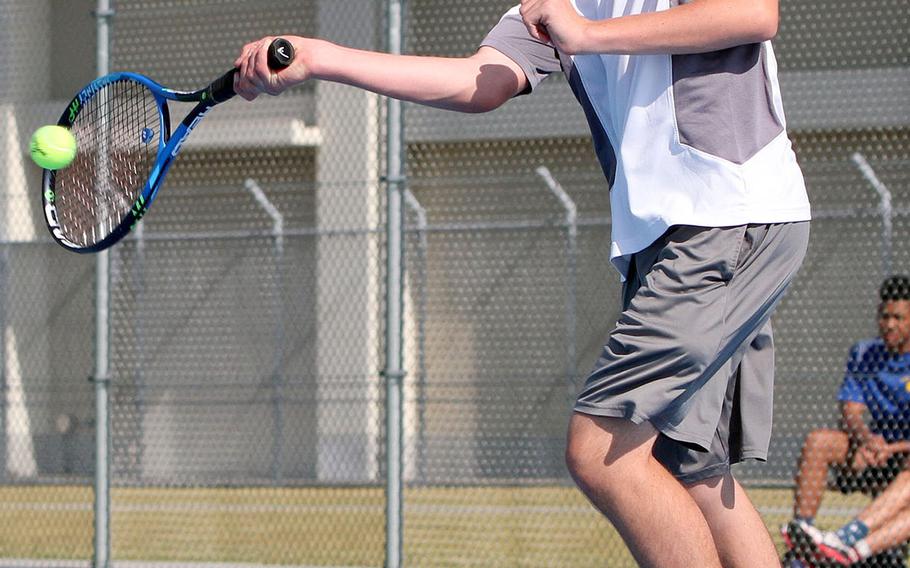 Matthew C. Perry's Luke Howard launches a forehand return during Friday's DODEA-Japan tennis finals. Howard won in the first round 8-1 over Zama's Joshua Allen, but lost in the quarterfinals 8-2 to Nile C. Kinnick's Justin Crouch.