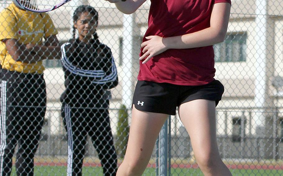 Matthew C. Perry's Olivia Archambault readies a forehand return during Friday's DODEA-Japan tennis finals. Archambault lost 8-2 to E.J. King's Jae Garland.