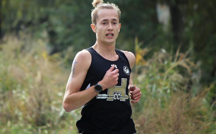 Humphreys senior Timothy Kilburn heads for a second-place finish in the Korea district cross country finals, clocking 17 minutes, 13 seconds. He finished third in the same event last year.