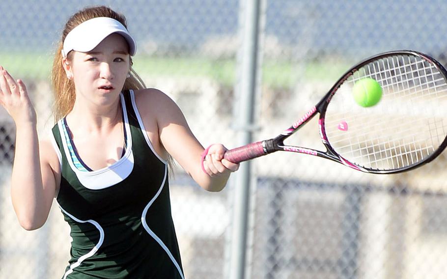 Robert D. Edgren's Jenna Mahoney repeated as DODEA-Japan tournament girls singles A champion, but had a struggle against Nile C. Kinnick's Amary-Gail Perfecto in an 8-6 win.
