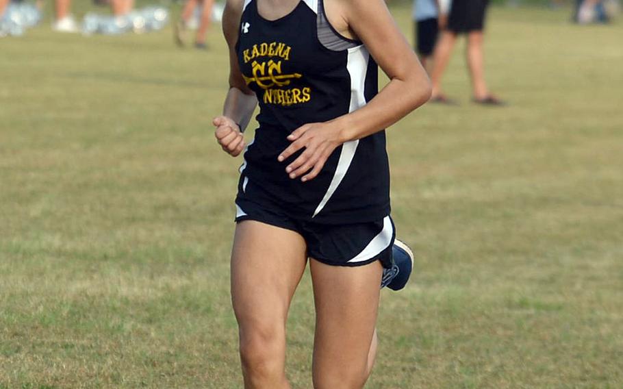 Kadena sophomore Karise Johnson heads for the finish in Friday's Okinawa cross country race at Camp Foster. Johnson won in 21 minutes, 15 seconds.