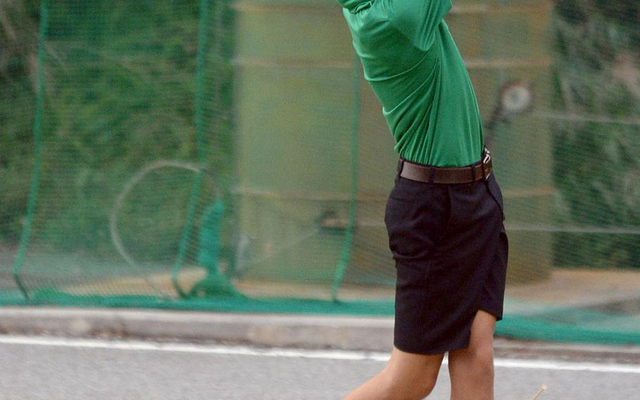 Kubasaki's Bryce Tobin tees off on the 332-yard, par-4 13th hole during Thursday's Okinawa golf at Taiyo Golf Club, Gushikawa. Tobin beat Kadena's Beau Black 1-up in the 9-hole match-play event.