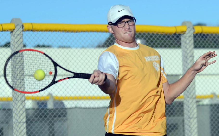 Kadena's R.J. Smola is one of three players still alive in the knockout bracket of the Okinawa district singles double-elimination tennis tournament. 