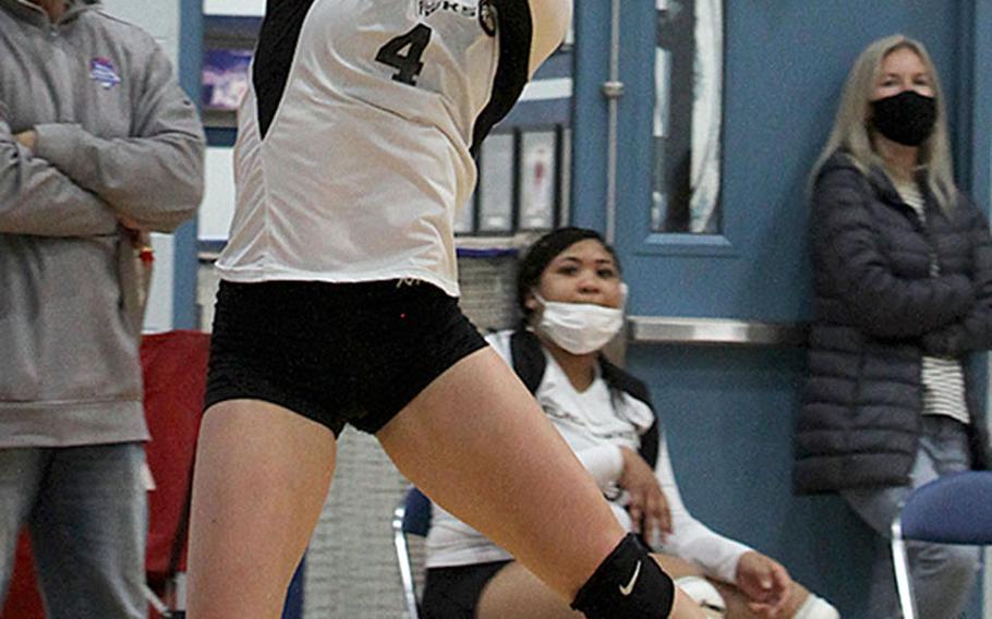 Humphreys' Zoe Weidley bumps against Osan during Wednesday's DODEA-Korea volleyball match. Osan's Black team swept Humphreys' Gold and Black teams in two three-set matches.