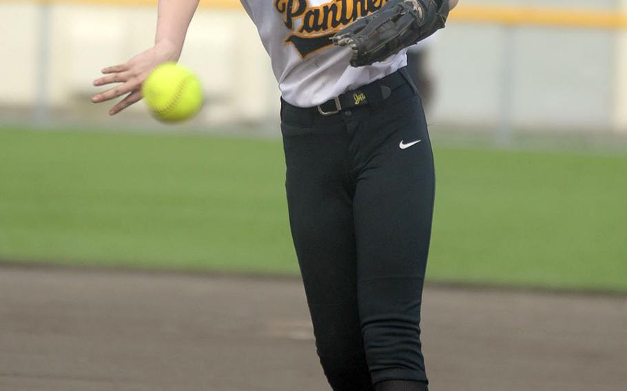 Kadena freshman Rene Roberts-Kelly delivers against Kubasaki during Friday's Okinawa softball game. Roberts-Kelly scattered nine hits, walked two and struck out eight as the Dragons and Panthers played to an 8-8 draw.