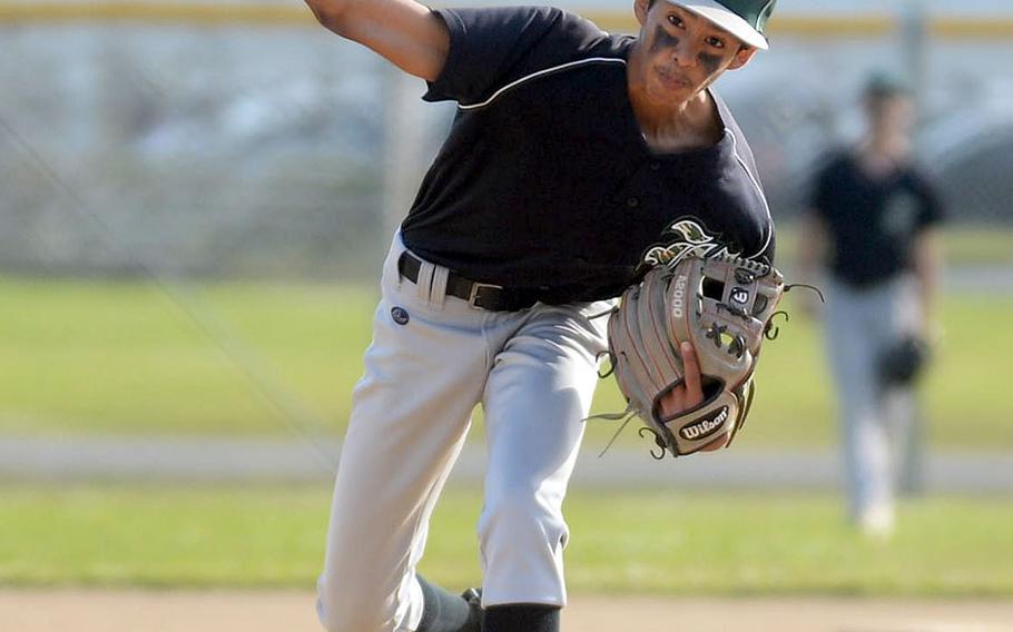 Kubasaki right-hander Nicholaz Aguirre delivers against Kadena during Tuesday's Okinawa baseball game. Aguirre fired a two-hit shutout and struck out four as the Dragons won 5-0.