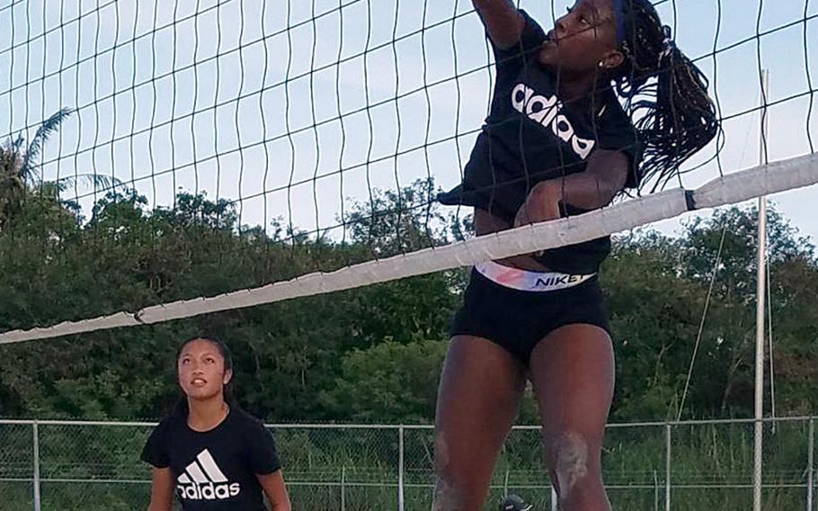 Guam High's Kamryn Thompson sends one over the net after a pass from Jada Alcantara during the Panthers' two-set win over Harvest Christian Academy in the island playoffs' knockout round.