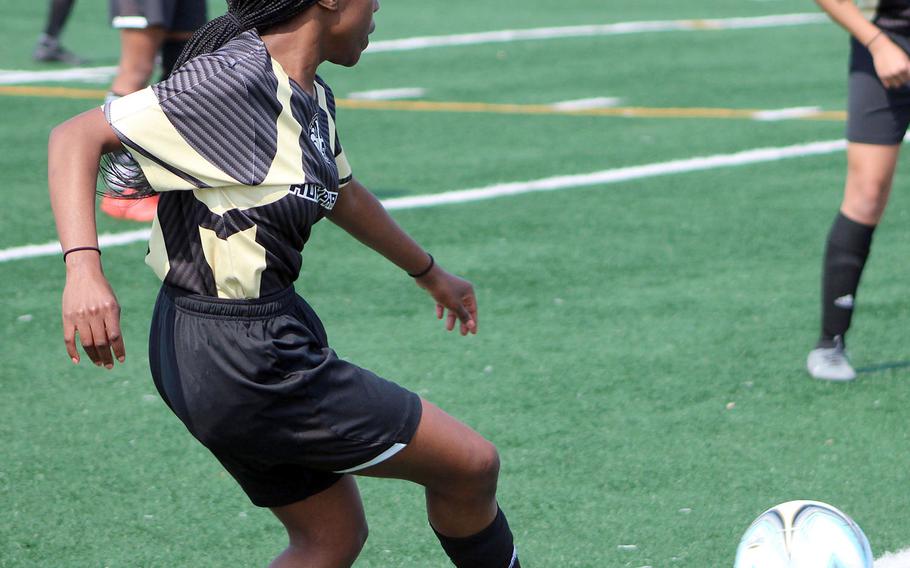 Arane Wilks of Humphreys boots the ball toward midfield during Saturday's DODEA-Korea girls soccer matches. The Blackhawks lost twice, 1-0 to Osan and 2-1 to Daegu.