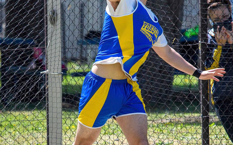 Yokota's Kai Harbert won the boys shot put and discus during Saturday's DODEA-Kanto track and field meet.