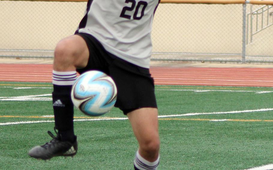 Humphreys' James May tries to settle the ball during Saturday's DODEA-Korea boys soccer match. May scored two times as the Blackhawks blanked Daegu 7-0.