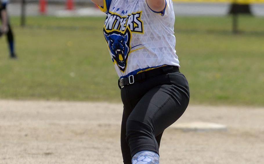 Yokota right-hander Aki Diehl kicks and delivers against Robert D. Edgren during Saturday's DODEA-Japan softball game. The Panthers swept the two-game set from the Eagles 20-0 and 36-6.