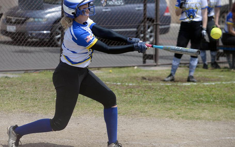 Yokota's Marilyn Fresquez drives the ball against Robert D. Edgren during Saturday's DODEA-Japan softball game. The Panthers swept the two-game set from the Eagles 20-0 and 36-6.