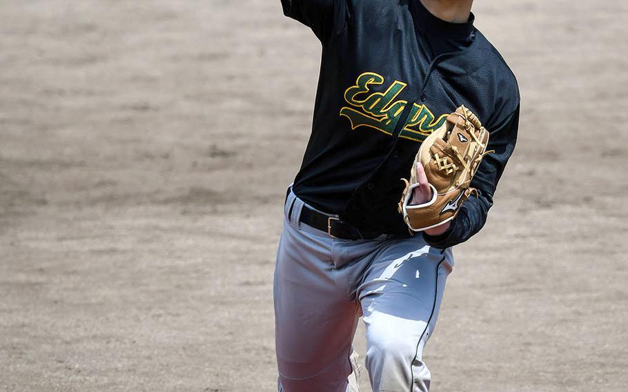 Robert D. Edgren sophomore right-hander Dylan Tomas delivers against Yokota during Saturday's DODEA-Japan baseball game. Tomas threw a complete game victory 6-5 over the Panthers.