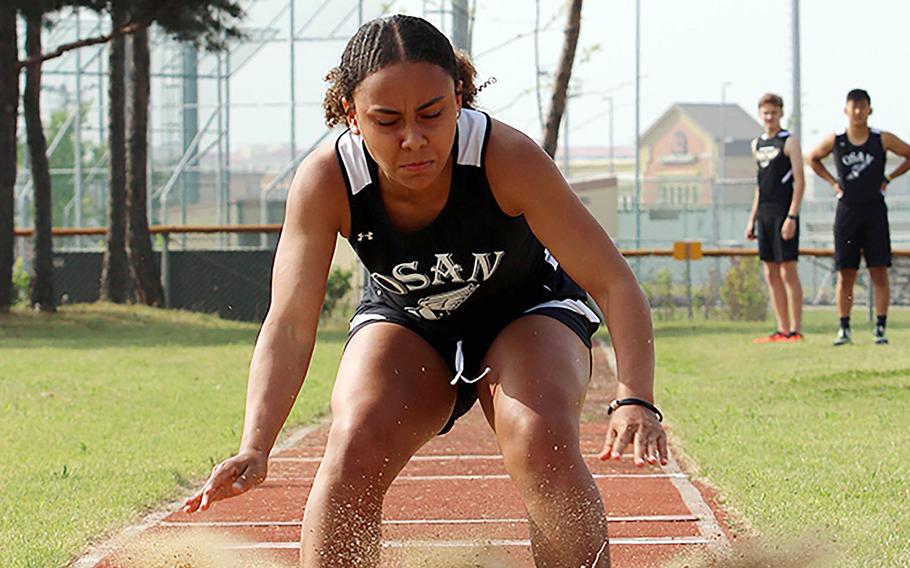 Osan's Alexis Jeffress won the girls D-II triple jump, the first time the event was on the Far East meet program.
