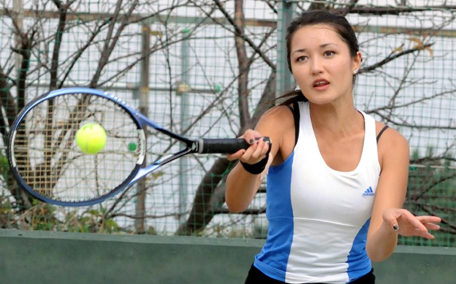 Erika Youngdahl, who as a freshman for Yokota a year ago became the first DODDS-Japan player to win a Kanto Plain Association of Secondary Schools Tennis Tournament singles title, is now wearing Kadena Panthers blue and gold and looking to improve on her fourth-place Far East Tournament finish of last November.